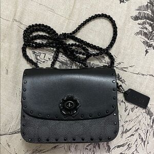 COACH Black Leather Crossbody Flap Bag with Flower Turnlock